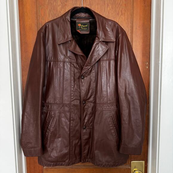 Vintage 1970s Reed Sportswear Brown‎ Leather Fur Lined Jacket 48 Disco - Picture 1 of 15